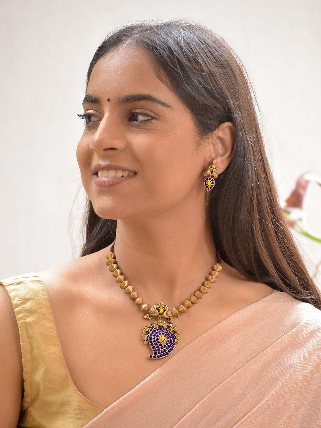 Terracotta Cone Bead Necklace with Peacock Motif & Blue-Yellow Paisley Pendant