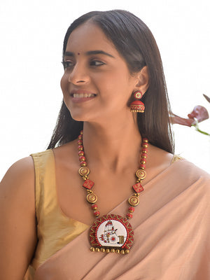 Select Style_Jhumka | Terracotta Red Beaded Necklace with Hand-Painted Tribal Village Pendant