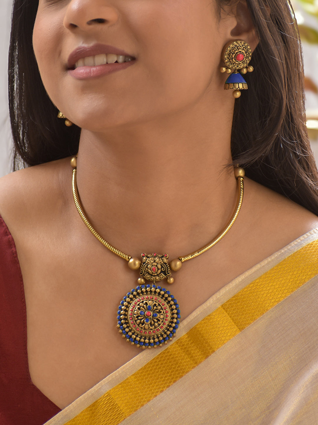 Terracotta Mandala Art Antique Round Pendant Necklace Set with Blue Accents