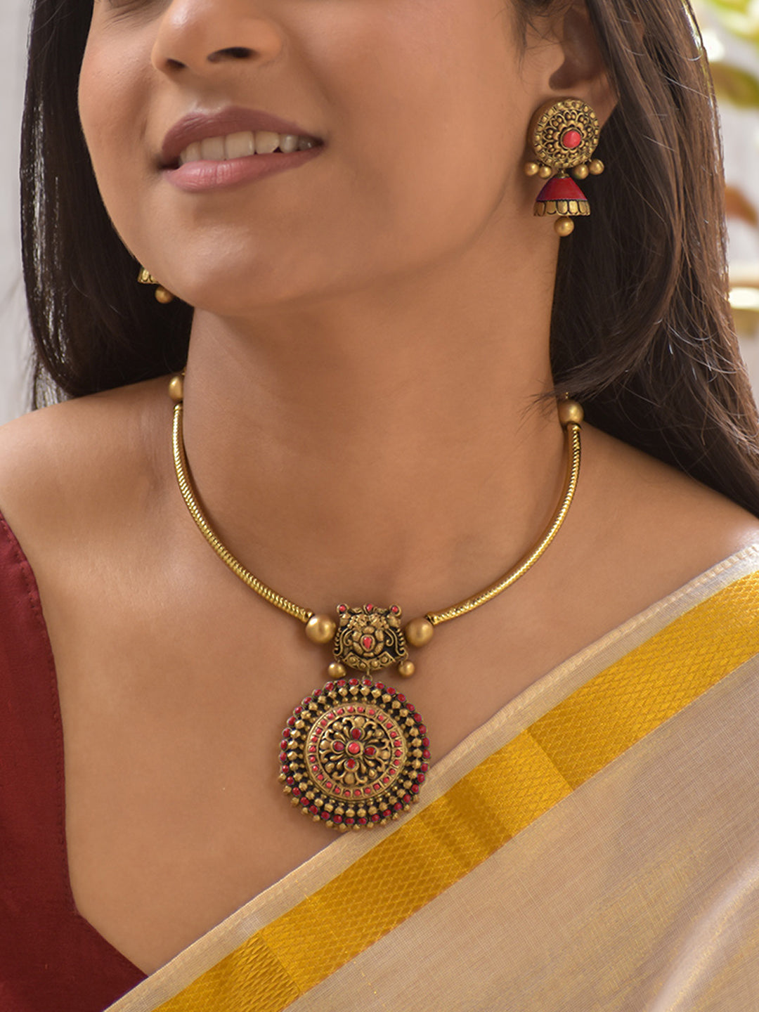 Terracotta Mandala Art Antique Round Pendant Necklace Set with Red Accents