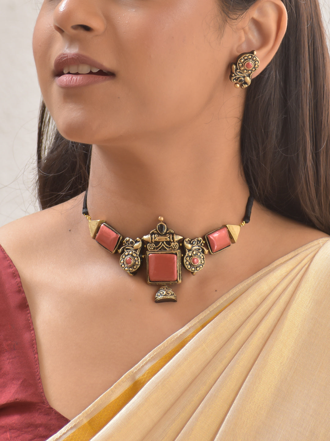 Terracotta Red Square Pendant Necklace Set with Paisley Motif Earrings