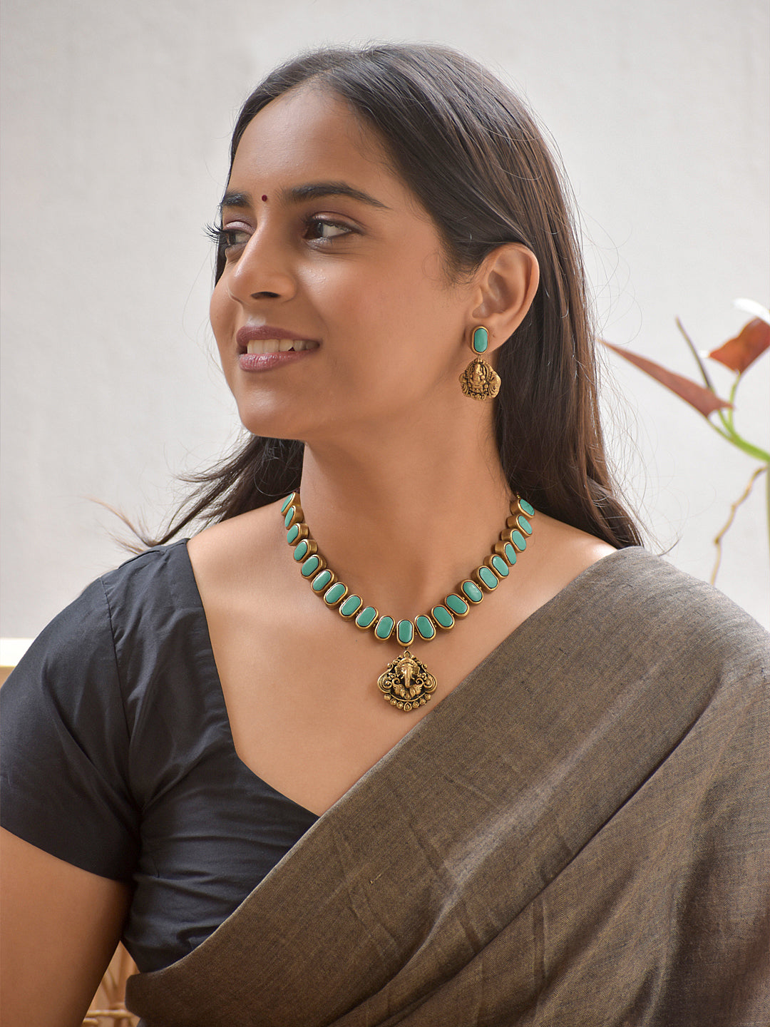 Terracotta Turquoise Oval Bead Necklace with Ganesha Pendant & Earrings