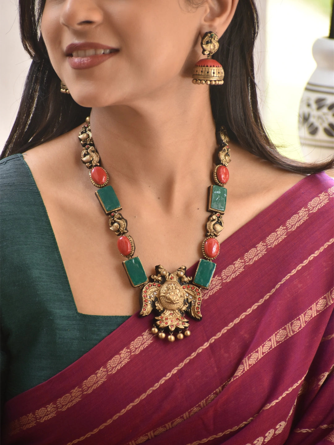 Red & Green Stone Peacock Temple Necklace Set