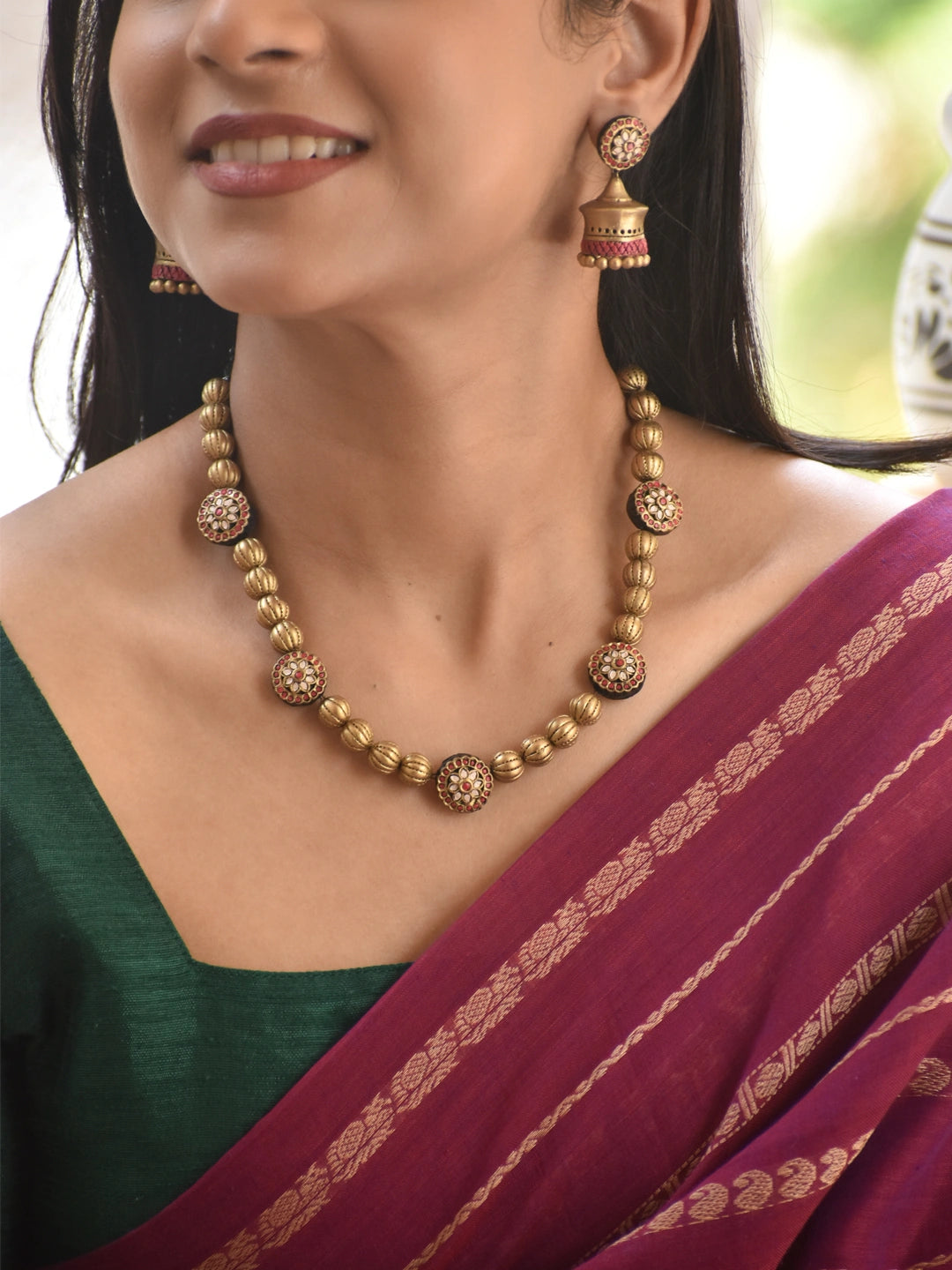 Antique Gold Floral Beaded Necklace & Jhumka Set