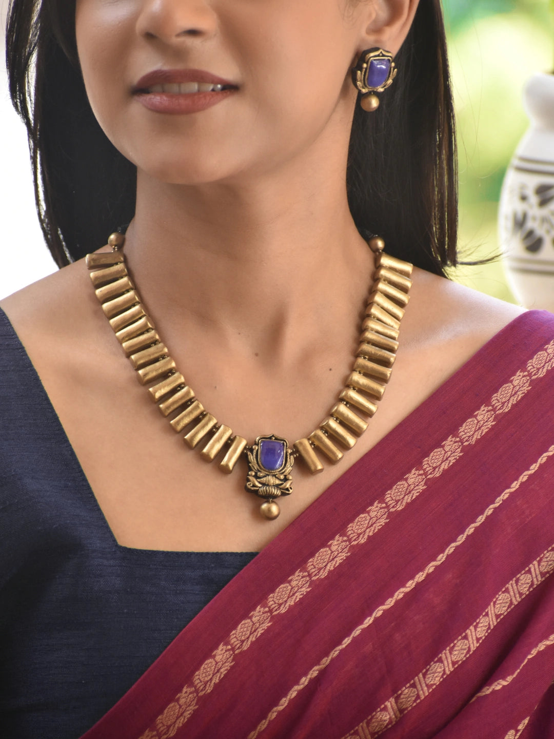 Royal Blue Antique Gold Statement Necklace Set
