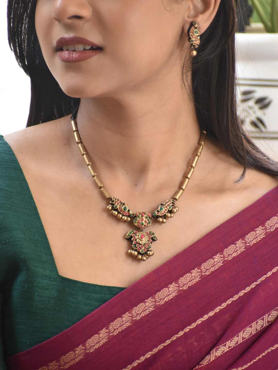 Red & Green Peacock Motif Pendant Necklace Set