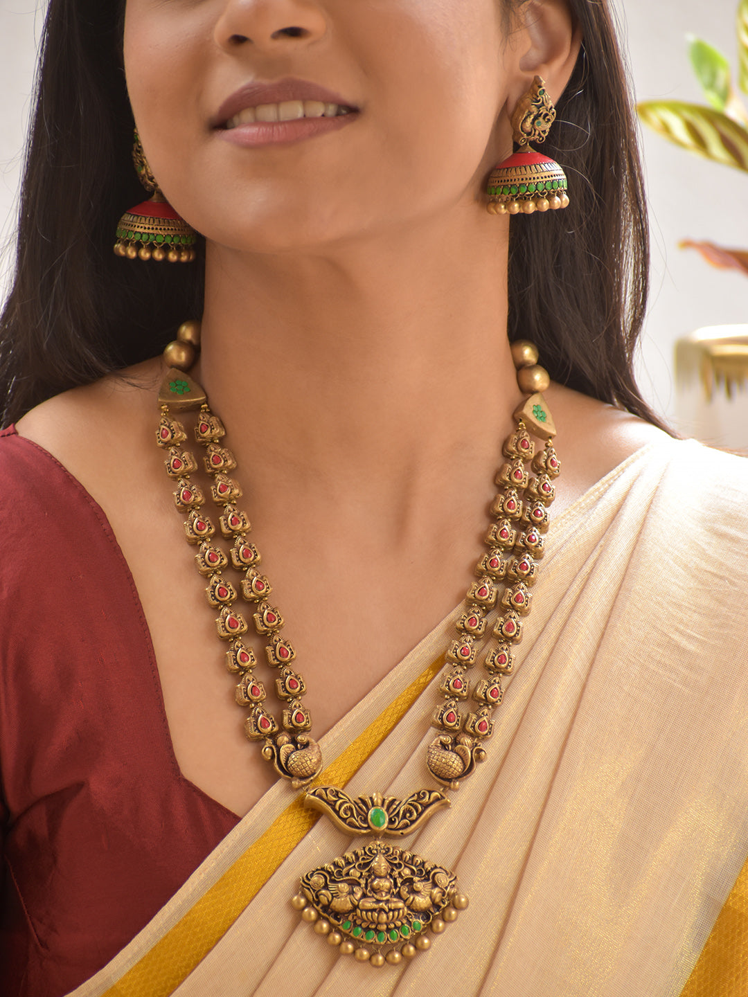 Terracotta Double-Layer Antique Necklace Set with Lakshmi Goddess Pendant
