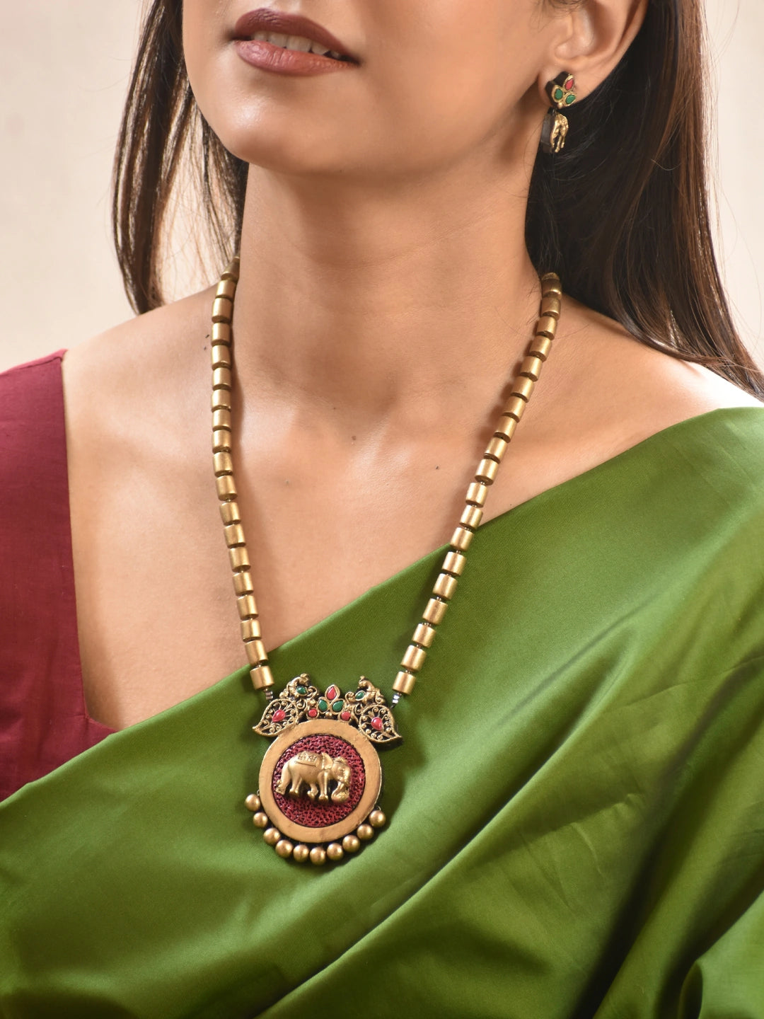 Antique Gold Elephant Medallion Long Necklace Set