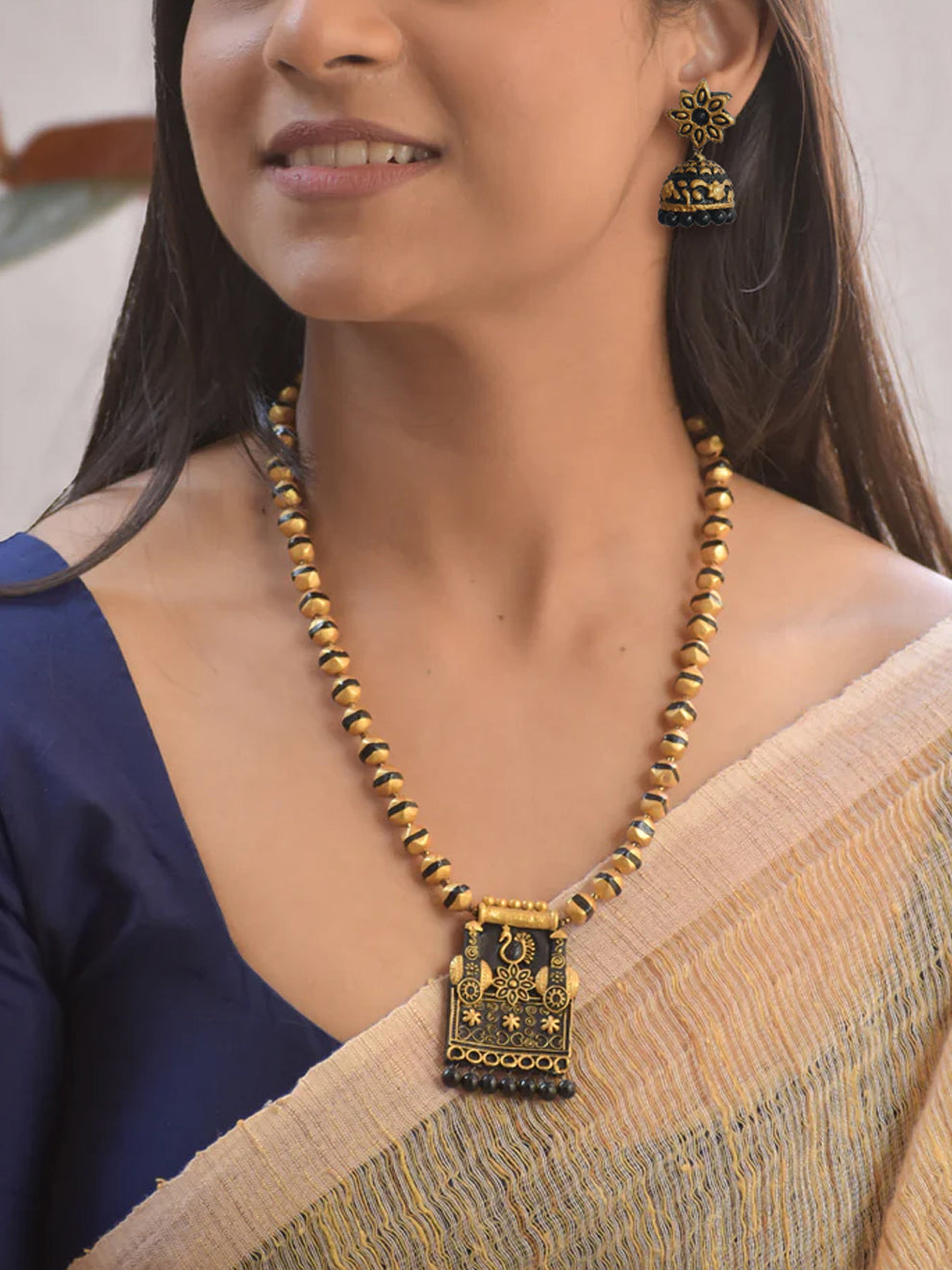 Handmade Terracotta Antique Gold and Black Temple Pendant Necklace