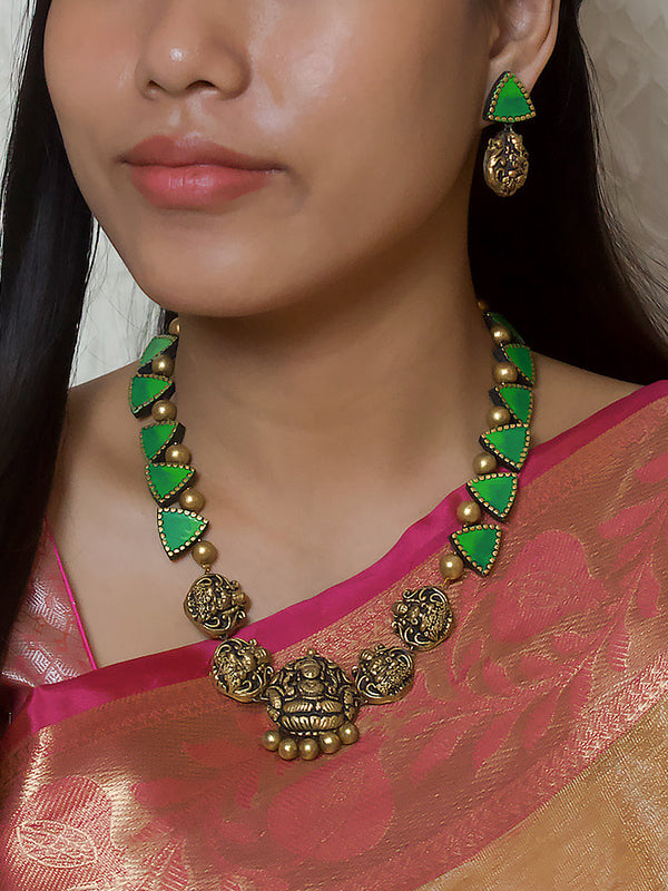 Antique Gold Green Geometrical Pattern and Lakshmi Design Handmade Terracotta Necklace Set