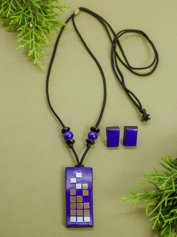 Purple Geometric Rectangular Shape Lego Brick Design Mirror Work Minimalistic Handmade Terracotta Necklace Set