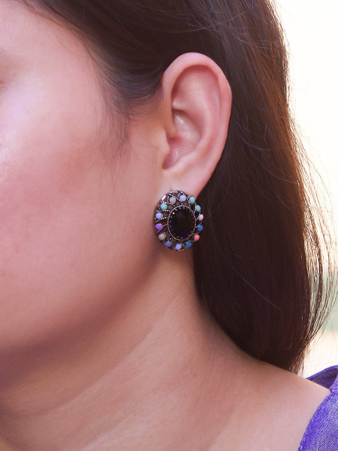 Oval Design  Blue Stud  With Stones Earring