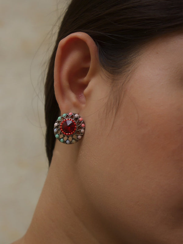 Silver Plated Floral Design Multicolor Plastic Stone Stud Earring