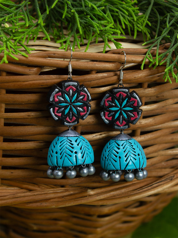 Mandal Art Work Handmade Terracotta Jhumka Earrings in Light Blue Antique Silver and Pink