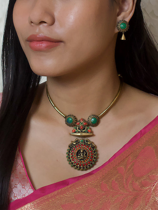 Antique Gold Green Orange Red Circular Lakshmi Pendant Hasli Tube Design Handmade Terracotta Necklace Set