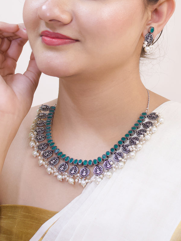 Oxidized Silver Plated Lakshmi Design Green Color Artificial Stone With Hanging White Pearls Choker Necklace Set