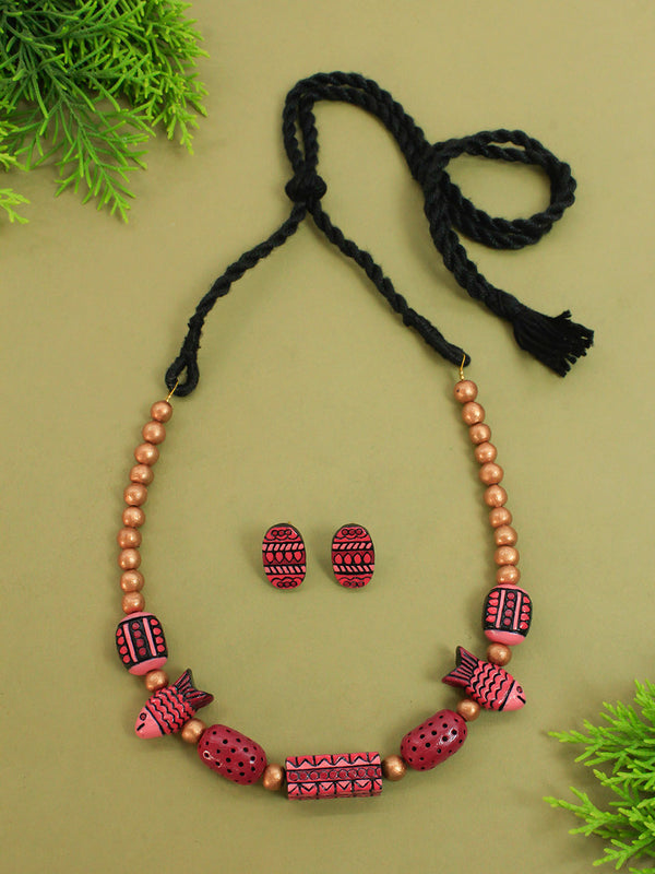 Chic Style Fish Oval Design Pattern Pink Brown Copper Colour Handmade Terracotta Necklace Set