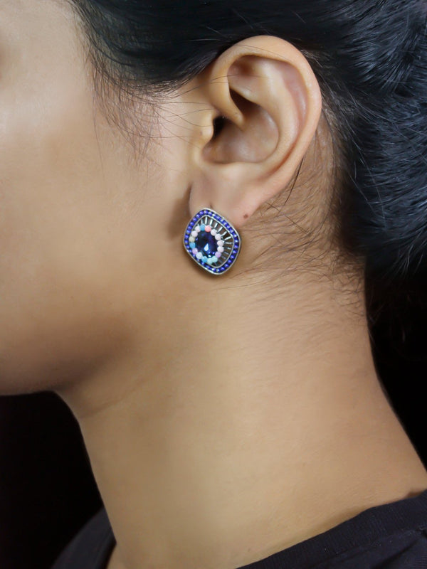 Square Design  Blue Stud  With Stones Earring