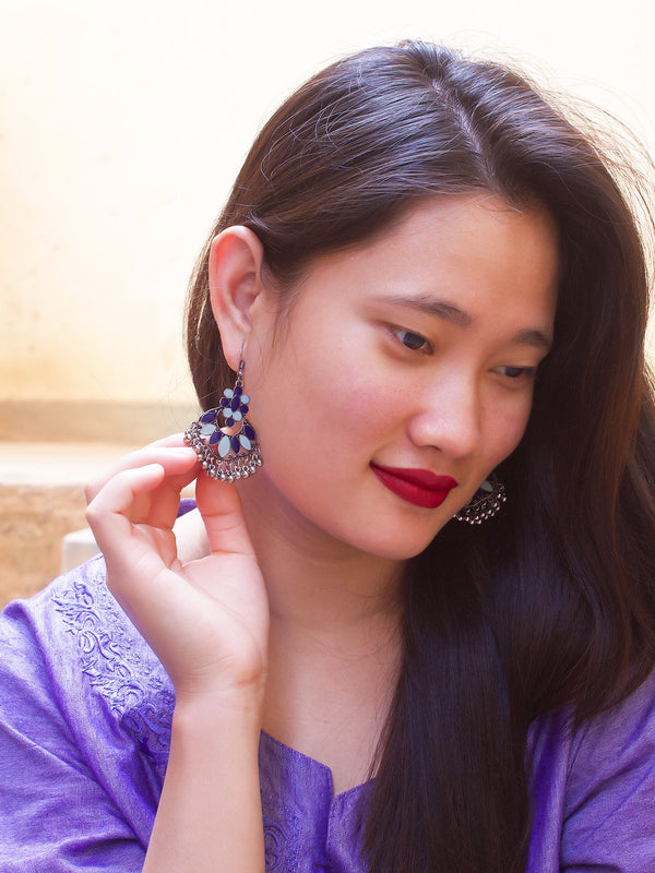 Silver Plating Oval Design Blue And Turquoise Color Enamel Paint With Hanging Silver Beads Dangler Earring