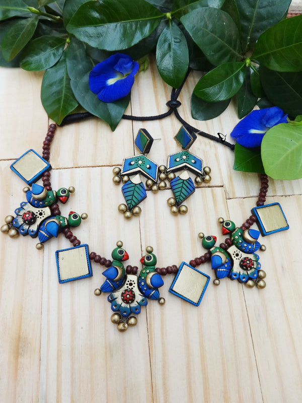 Bird Design Hand Painted Terracotta Jewelry Set