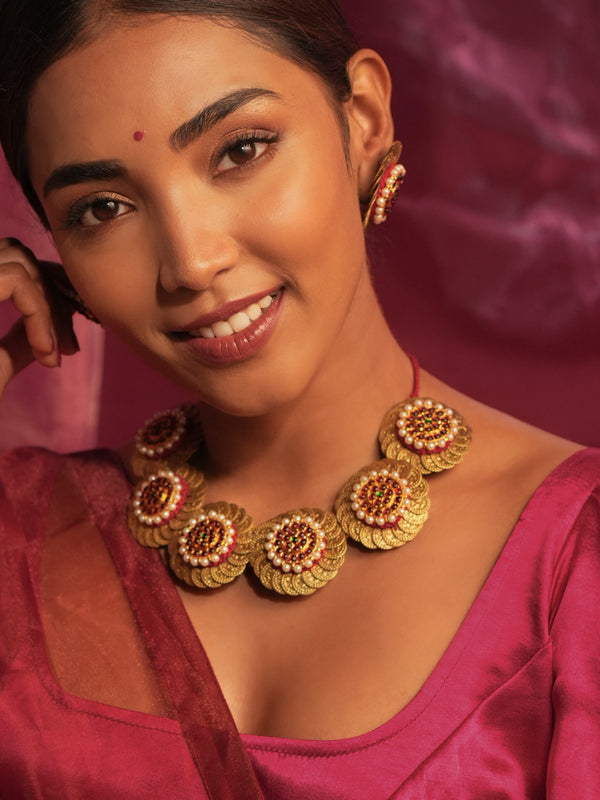 Gold Tone Temple Necklace Set-round red