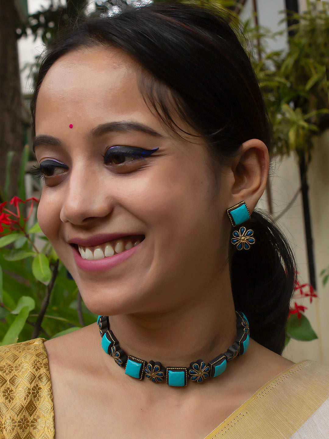 Antique Silver Blue Flower and Square Design Handmade Terracotta Necklace Set