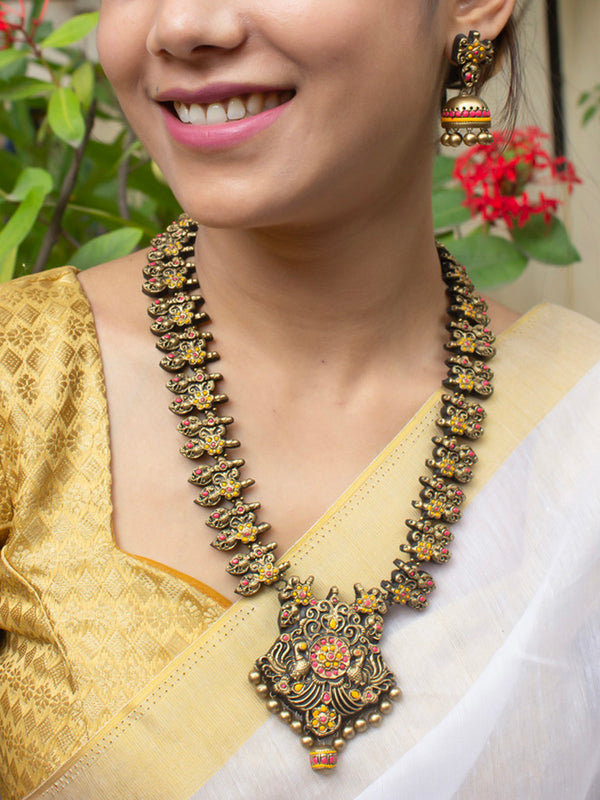 Antique Peacock and Floral Design Bridal Traditional Handmade Terracotta Necklace Set in Antique Gold Pink Yellow