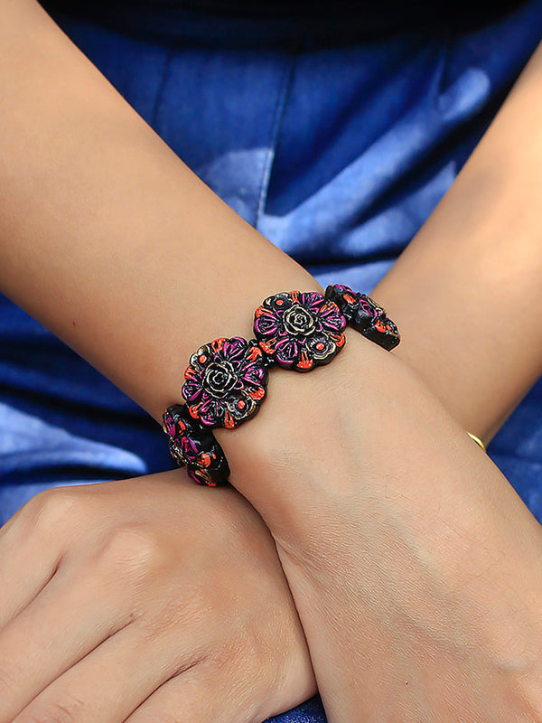 Handmade Terracotta   Mandala Floral Design Purple  Pink Antique Bronze Colour Bracelet