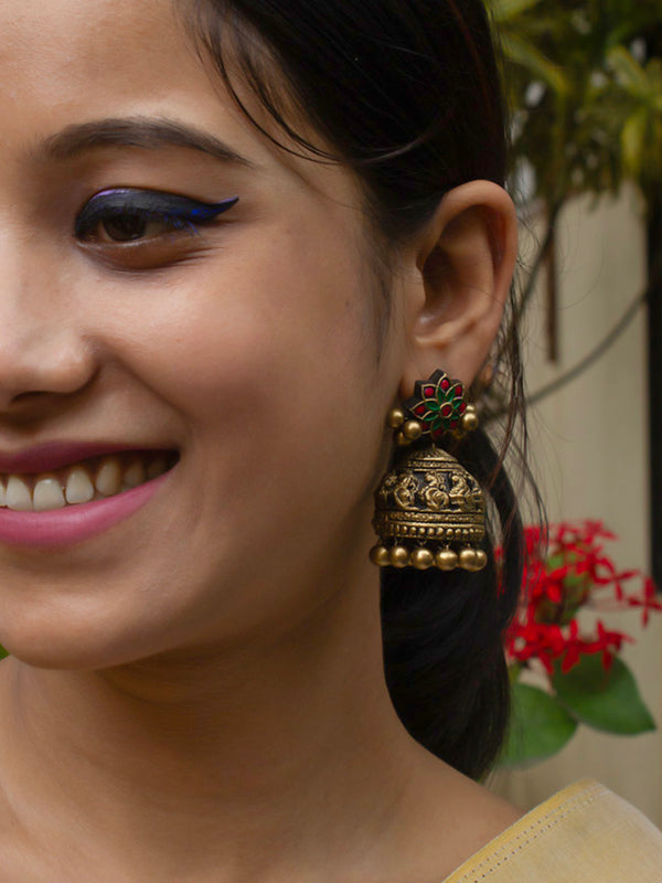 Antique Gold Red Green Mandala Art Design Peacock Handmade Terracotta Stud Jhumka Earrings