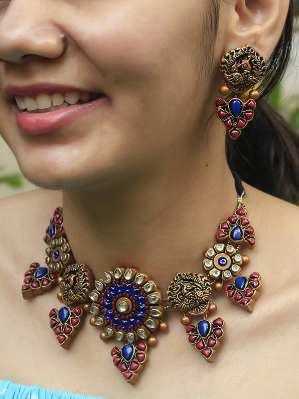 Peacock and Floral Design  Blue Gold and Pink Fusion Kundan Stone Handmade Terracotta Necklace Set