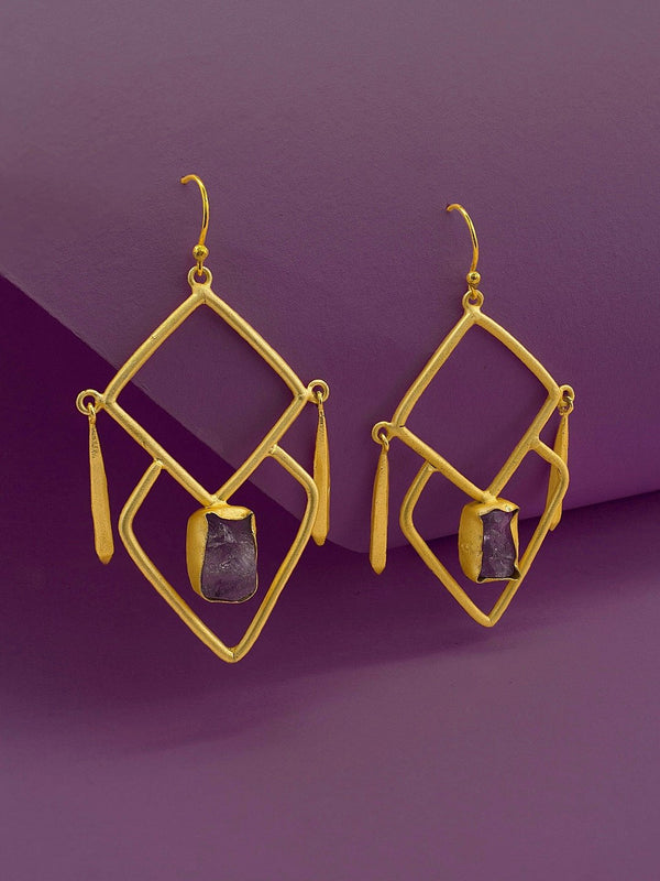 Contemporary Designer Gold Plated Violet Color Amethyst Semi Precious Stone Geometric Design Earring By Avismaya