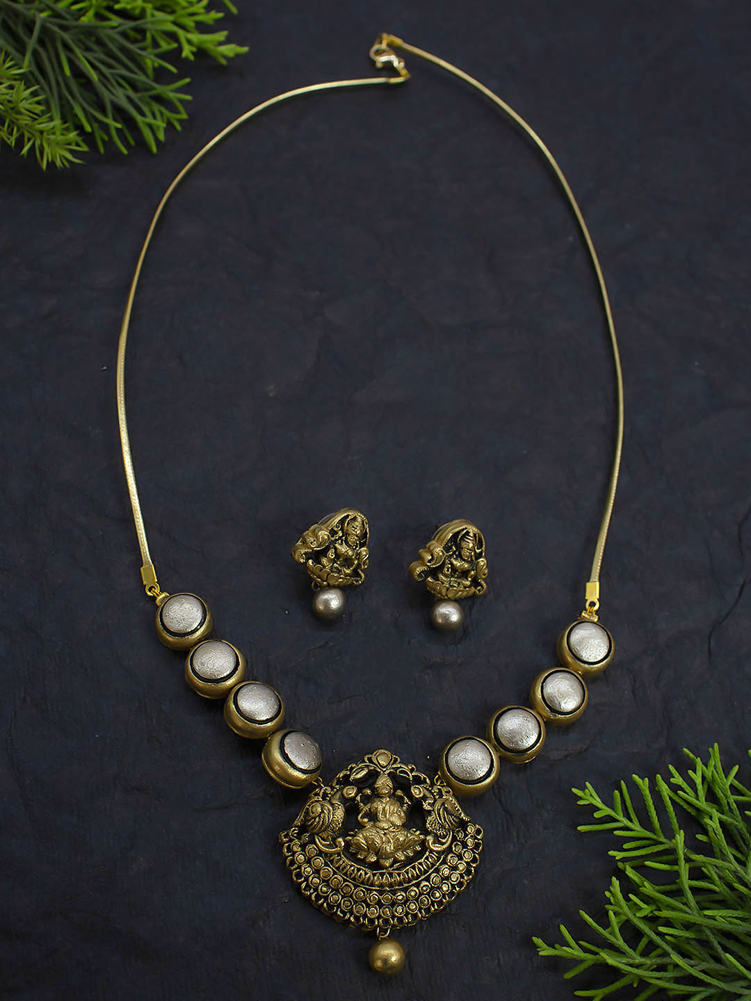 Circular Pattern Design Lakshmi Pendant Design Antique Gold Antique Silver Dual Tone Handmade Terracotta Necklace Set