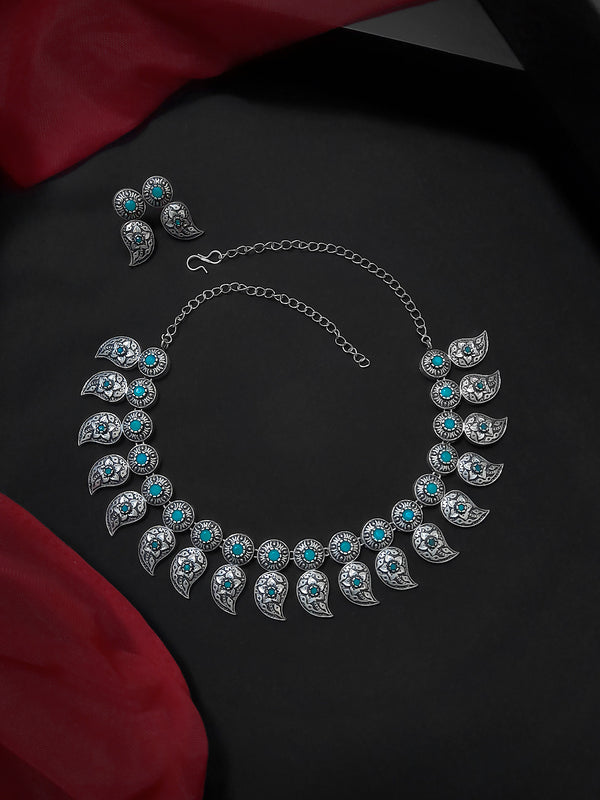 Silver Plated Mango Design Turquoise Color Artificial Stone Choker Necklace Set