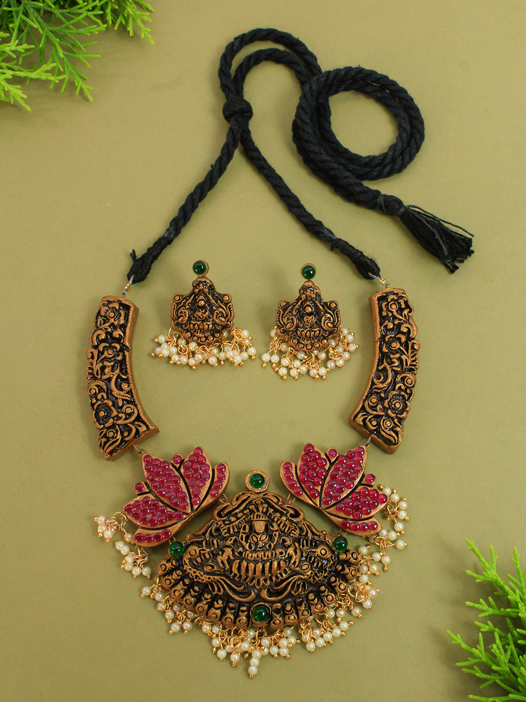 Lakshmi Peacock Design Filgree Work Gold Pink Green Handmade Terracotta Haram Necklace Set