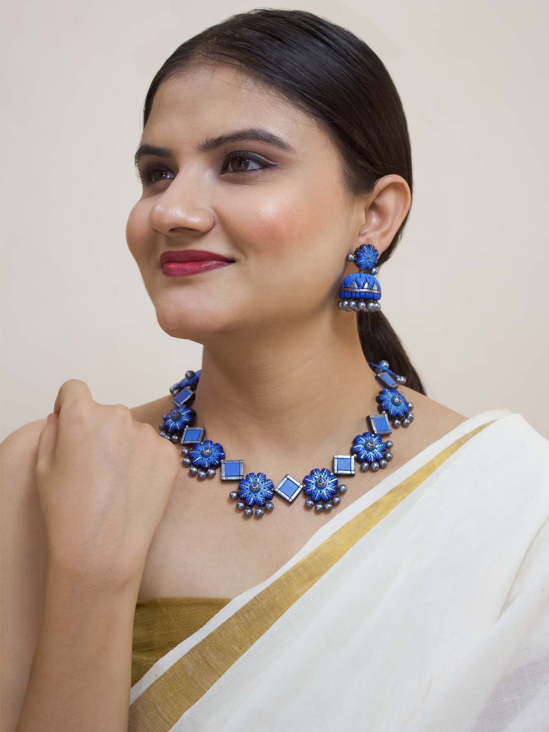 Flower Design Hand Painted Terracotta Jewellery Set