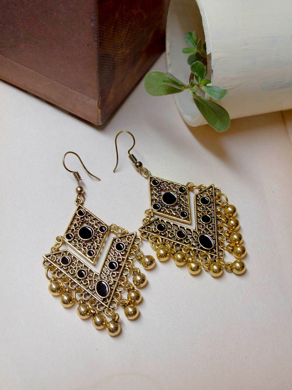 Gold Plated Filigree Design Black Color Artificial Stone Dangler Earring