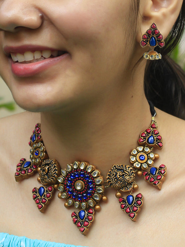 Blue Pink Gold Antique Bronze Flower and Peacock Design Kundan Fusion Handmade Terracotta Necklace Set