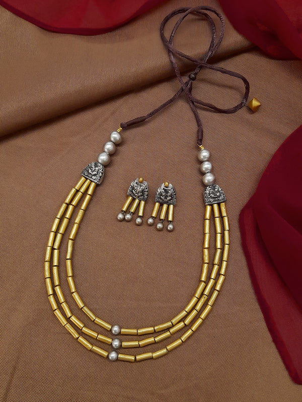 Antique Gold Toned Multilayered Tube Shape Beads Terracotta Medium Necklace Set