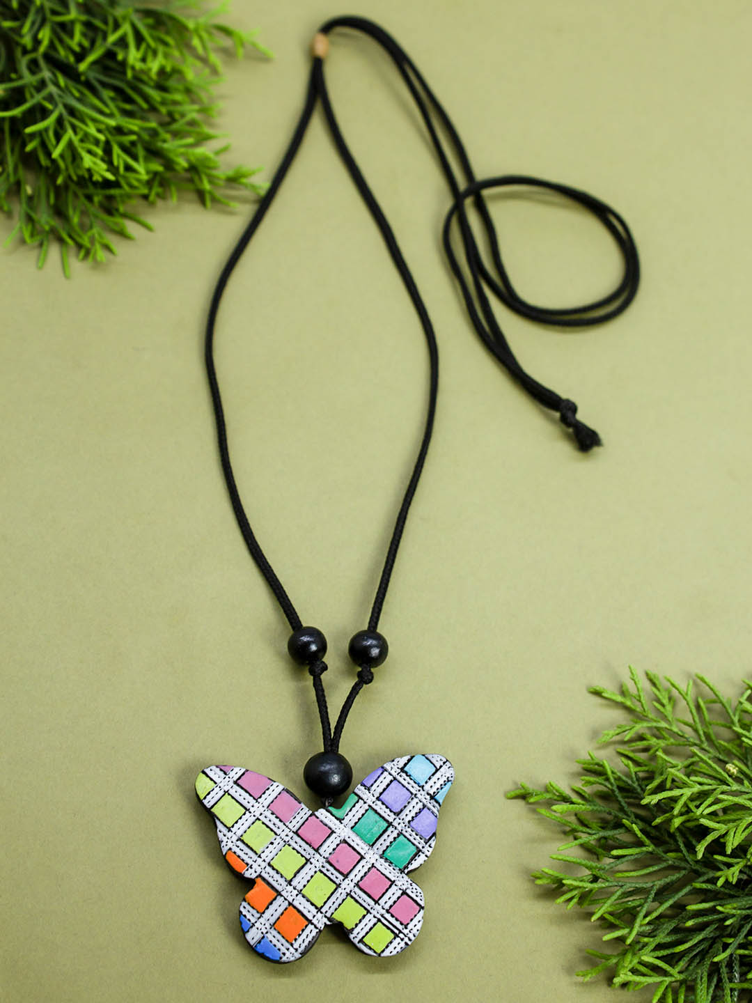 Dancing Butterfly in Pastel Shade Green Pink Yellow Orange Colors Handmade Terracotta Necklace