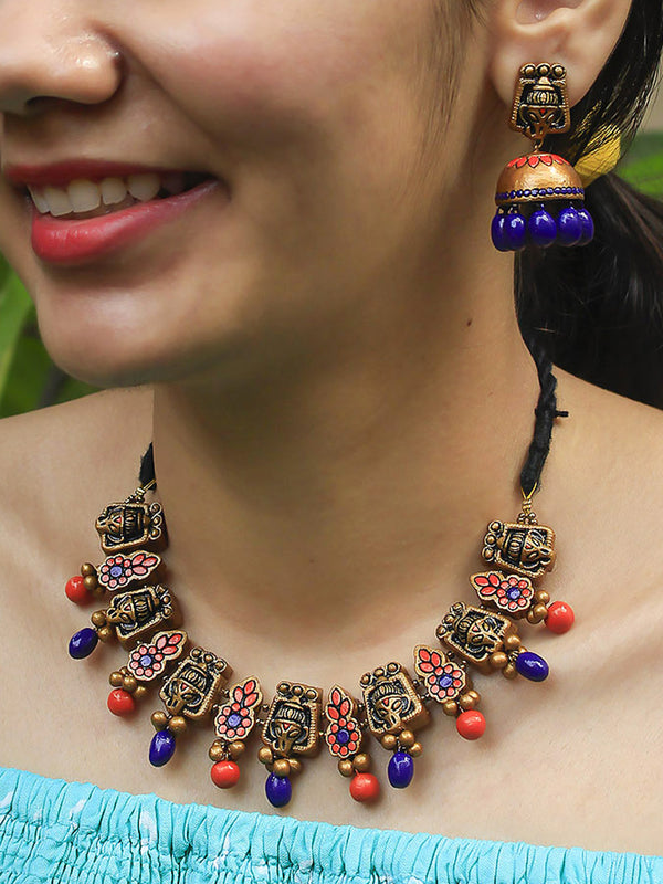 Elephant and Mango Design Gold Orange Blue Handmade Terracotta Necklace Set