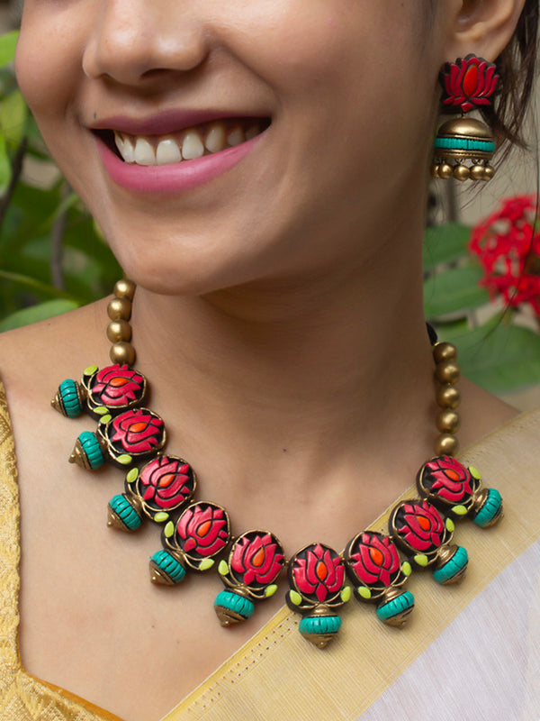 Pastel Colors Pink Green Antique Gold Orange Lotus Design Handmade Terracotta Necklace Set