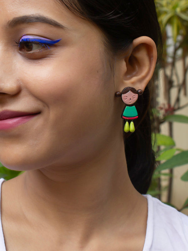 Little Girl Design Pink Green Brown Handmade Terracotta Earrings