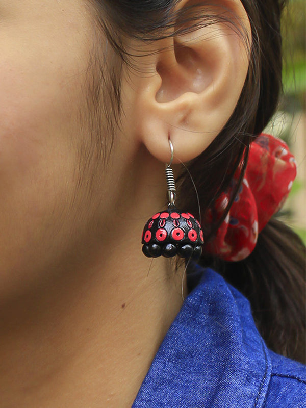 Pink Black Mandala Art Handmade Terracotta Jhumka Earring