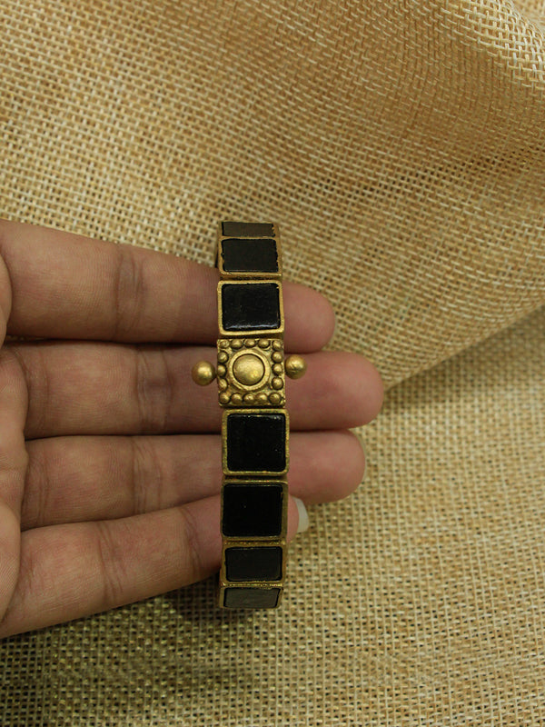 Black and Antique Gold Square Design Handmade Terracotta Bangle