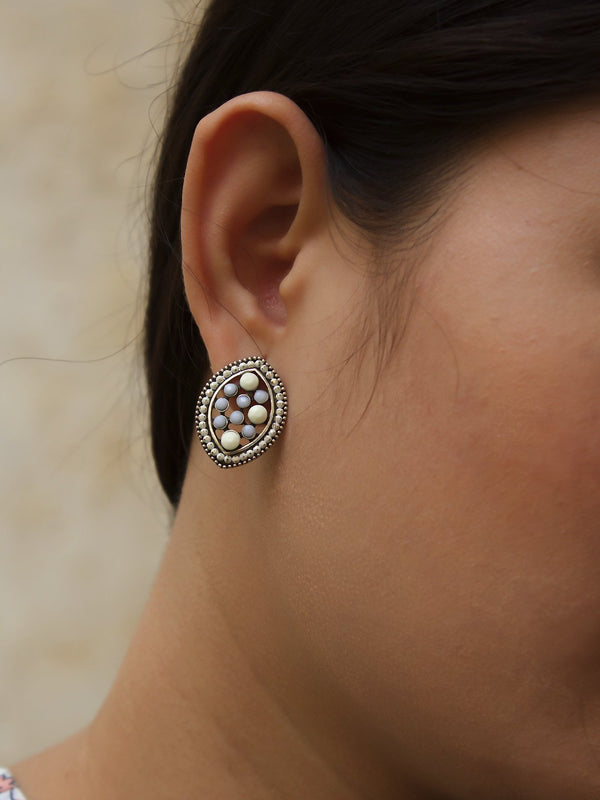 Eye Design  Beige Stud  With Stones Earring