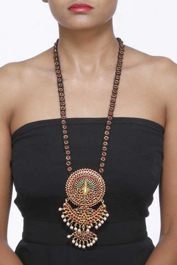 Tar Black Chain With Peacock Motif And Red Stones