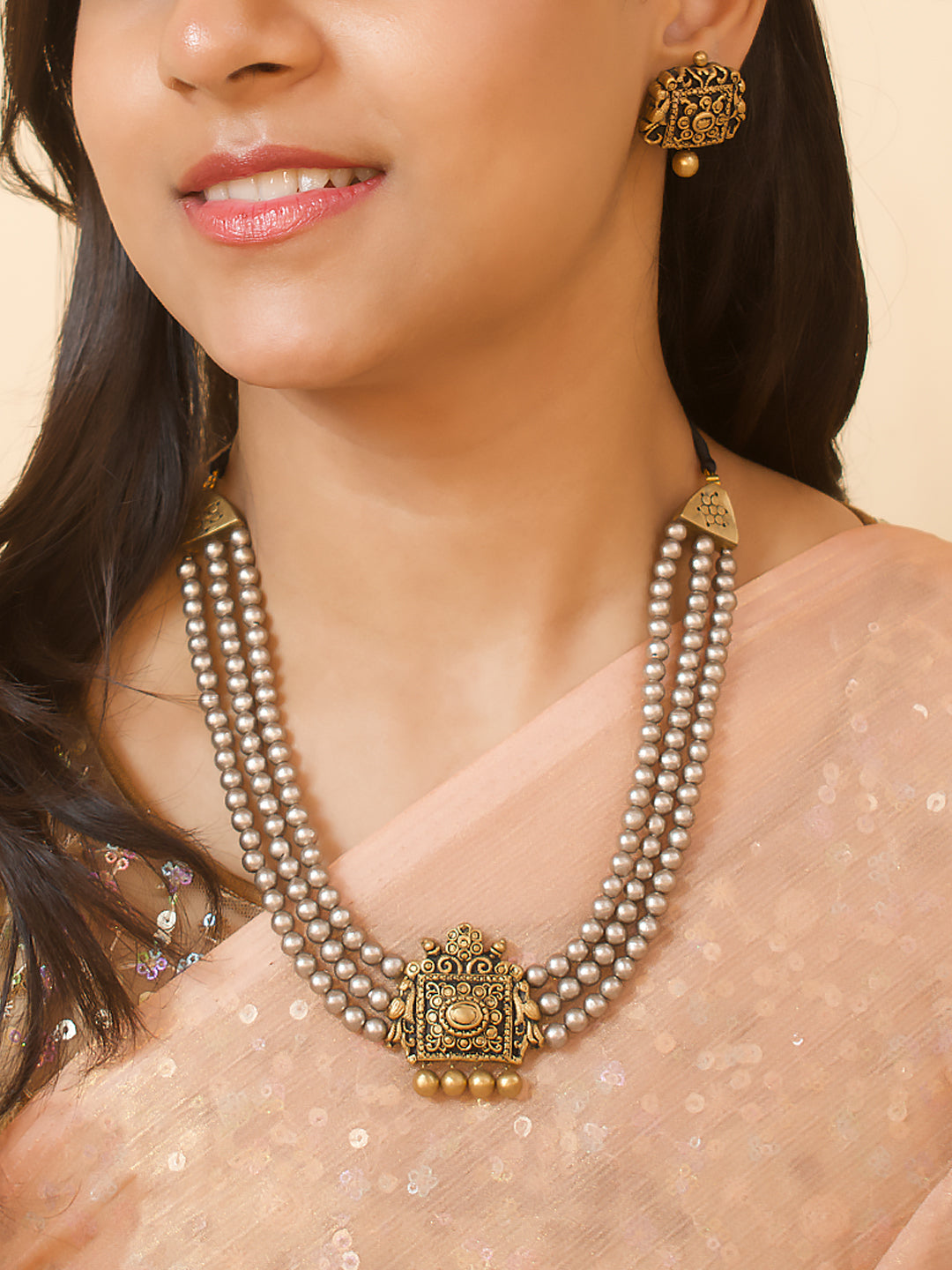 Pavitra Rani Rai Pavitra — Dual Tone Antique Silver Gold Rani Haar Style 3 layered Hand ...