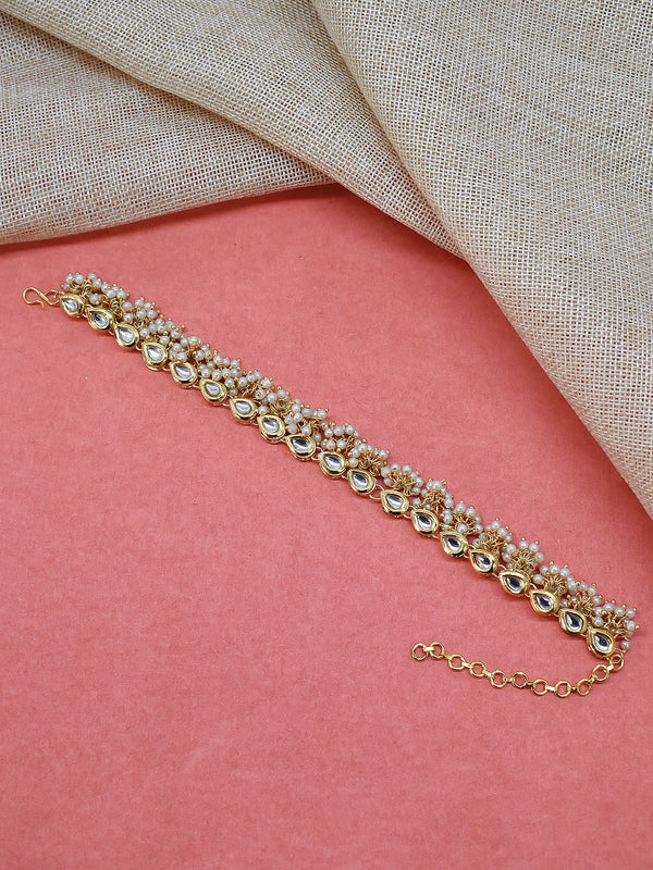 Avismaya Gold Plated Tear Drop Design Kundan Stones With Hanging Pearls Designer Adjustable Anklet