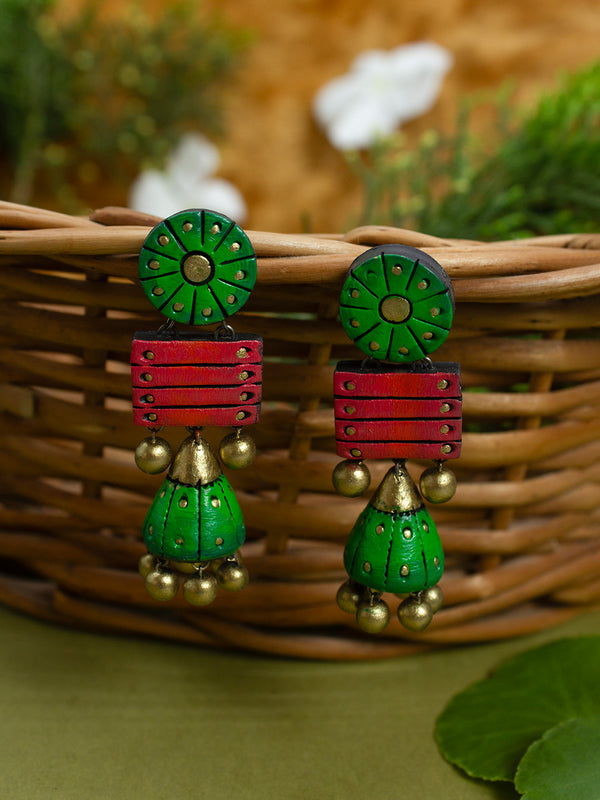 Circular and Square Design Green Pink Antique Gold Handmade Terracotta Stud Jhumka Earrings