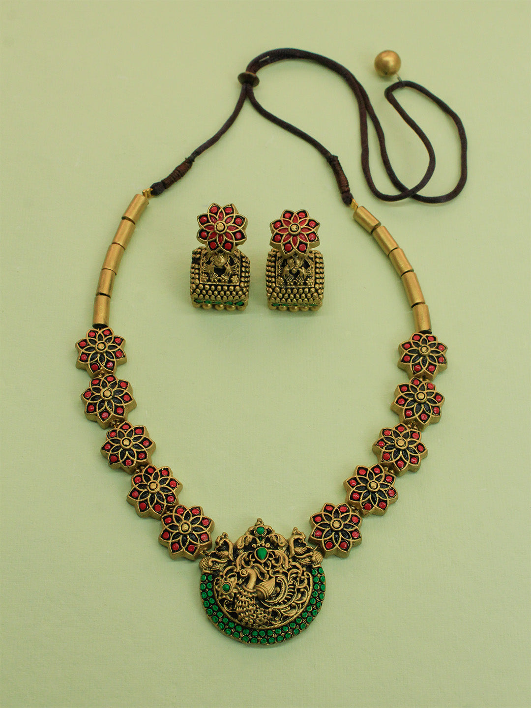 Antique Gold Red Green Floral Mandala Art andPeacock Design Tube Pattern Handmade Terracotta Necklace Set